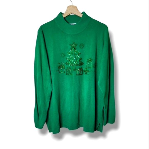 Quacker Factory Christmas Sweater 2X Green Sequin Beaded Holiday Tree NWT - Picture 1 of 7
